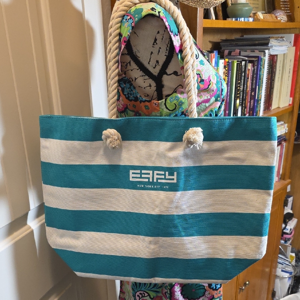 Effy Teal and White Striped Canvas Tote Bag